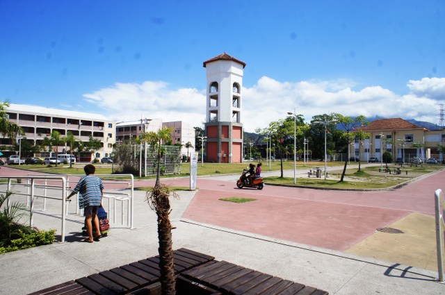 Public square in front of library, where fountain has been destroyed and tower supplies local water, some days